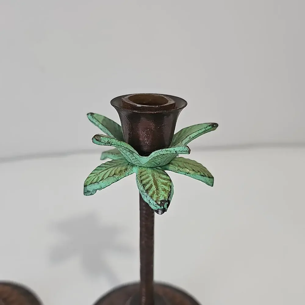 Palm Tree Candle Holders Set of 2 Metal Tropical Coastal Decor